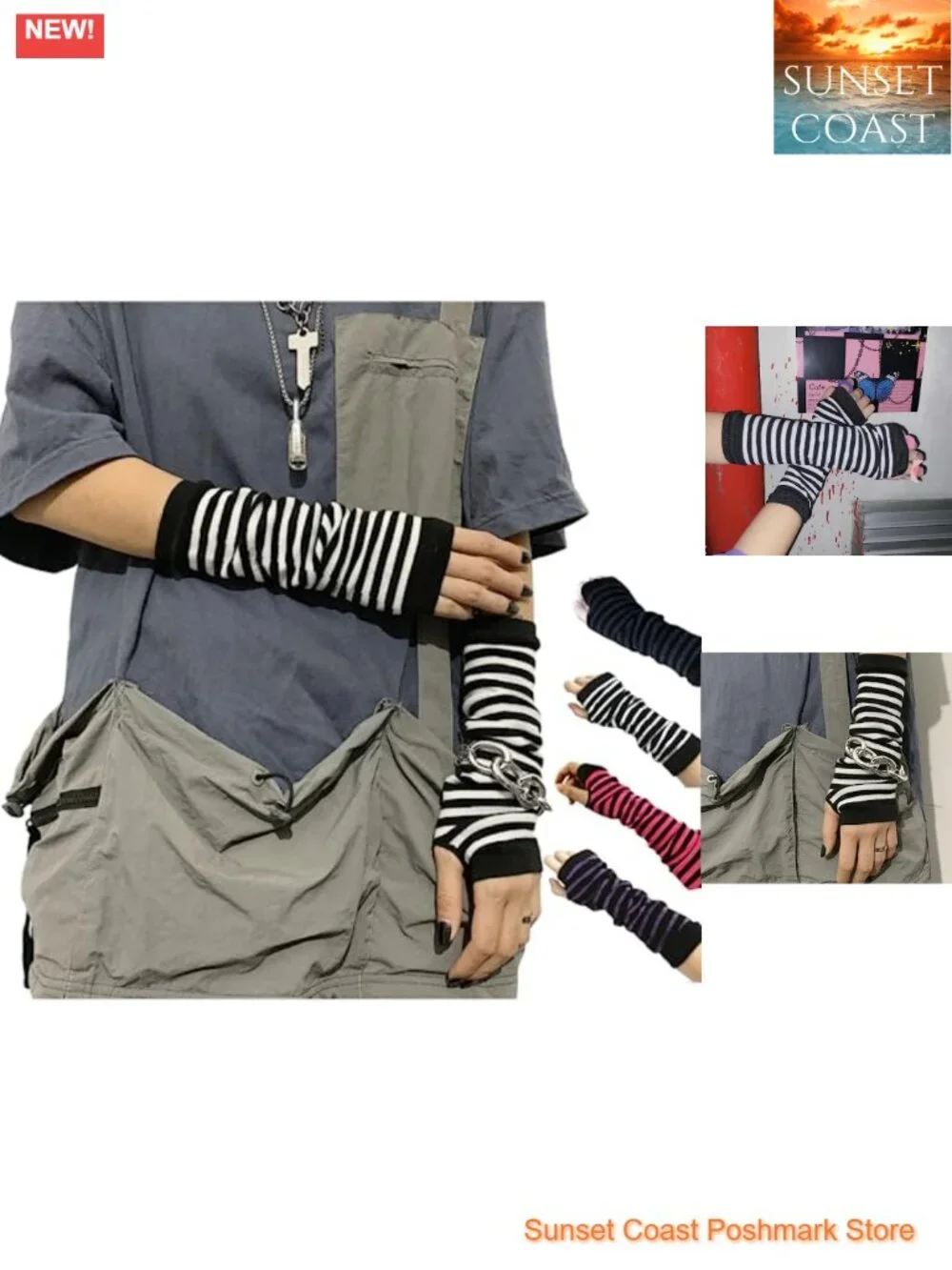 Kawaii Harajuku Goth Knitted Arm Warmers with Thumb Hole - Y2K Fingerless Gloves